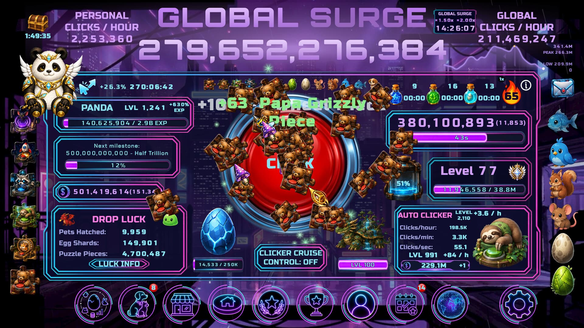 Main clicker screen in Community Button: the red CLICK button under a burst of Papa Grizzly puzzle-piece drops, with the Community Pet, next-milestone bar, Drop Luck, incubator and Auto Clicker panels