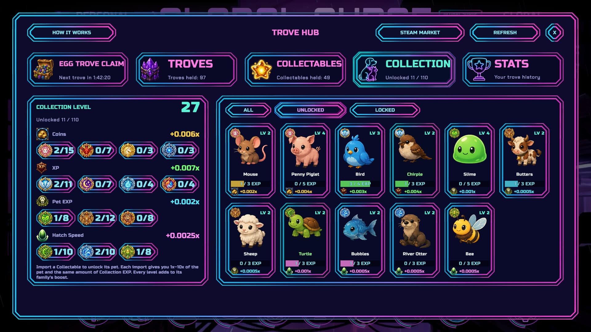 Trove Hub Collection tab in Community Button: Collection Level 27 with Coins, XP, Pet EXP and Hatch Speed family boosts, and 11 of 110 pets unlocked