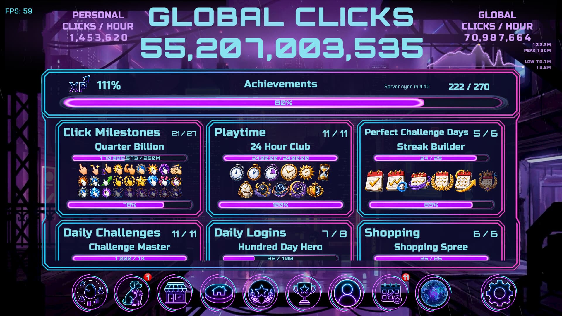 Achievements screen in Community Button with Click Milestones, Playtime, Perfect Challenge Days, Daily Challenges, Daily Logins and Shopping tracks