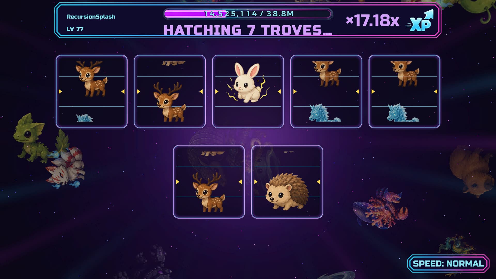 Hatching seven Egg Troves at once in Community Button, with reveal cards cycling through pets such as a deer, a bunny and a hedgehog