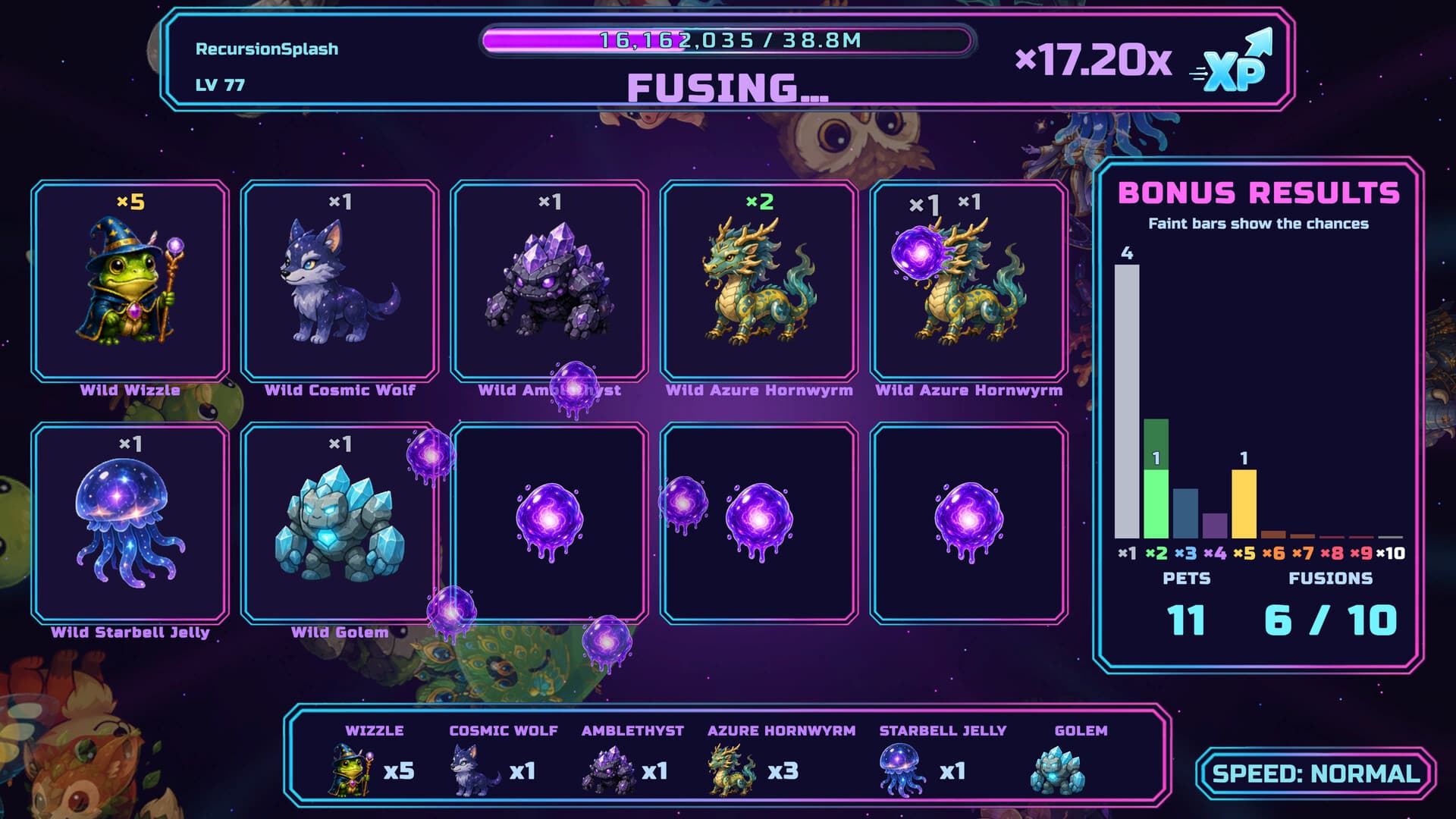 Pet Fusion in progress in Community Button: wild Wizzle, Cosmic Wolf, Amblethyst, Azure Hornwyrm, Starbell Jelly and Golem cards beside a 1x to 10x Bonus Results chart