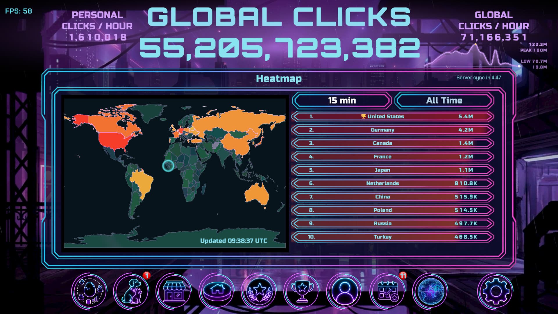 Click heatmap in Community Button: a world map shaded by click activity with 15-minute and all-time views and a top-10 country ranking