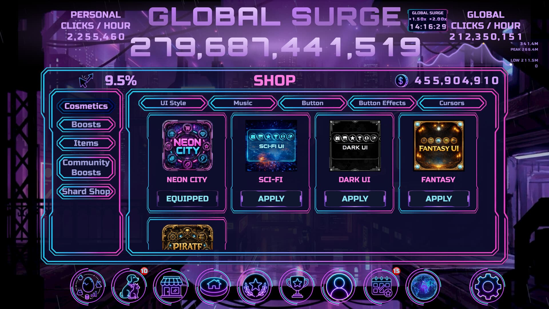 Community Button shop on the Cosmetics UI Style tab, showing Neon City, Sci-Fi, Dark UI, Fantasy and Pirate interface themes