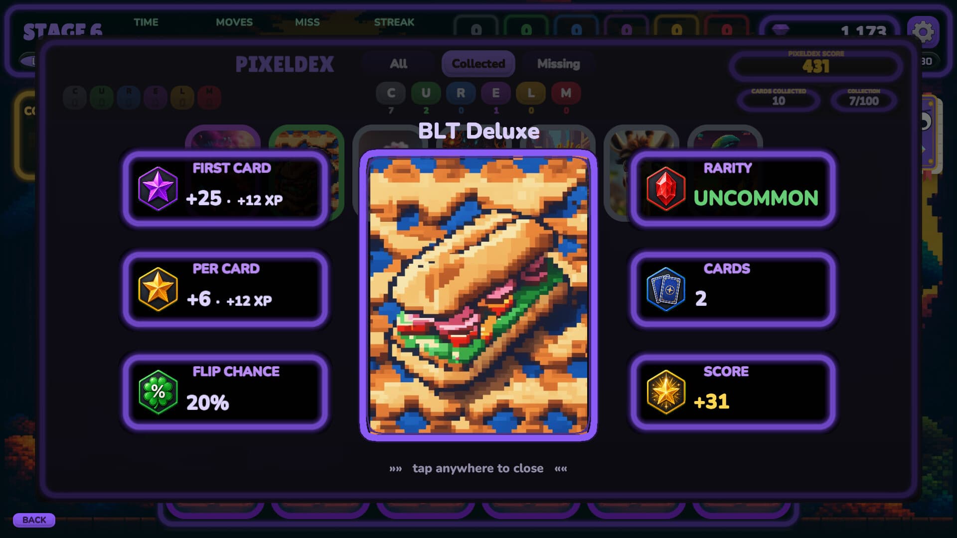 A Pixeldex card detail in Pixel Flip — the uncommon "BLT Deluxe" pixel-art card with its rarity, score value, XP payout and flip chance