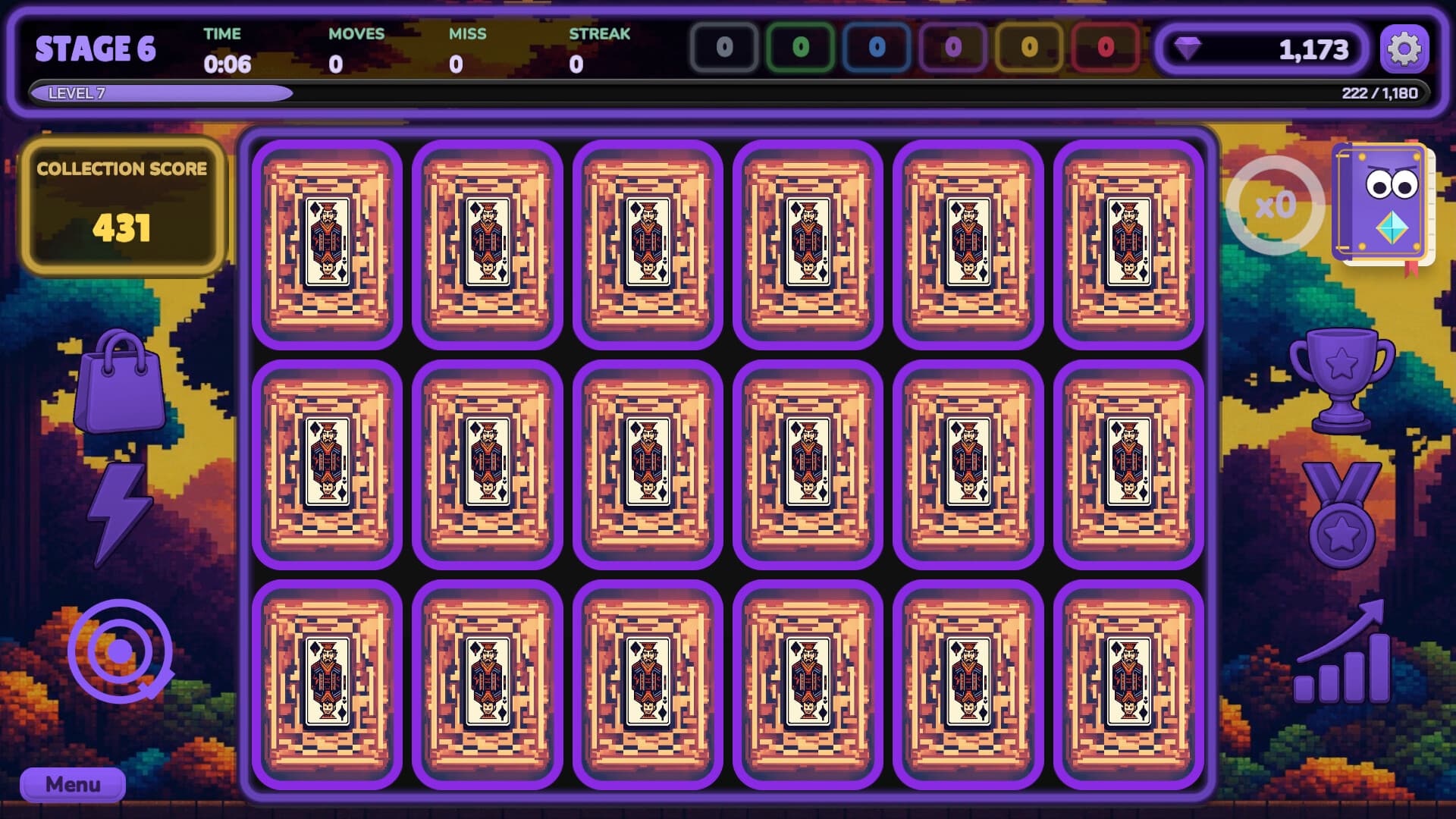 Pixel Flip gameplay — a stage 6 grid of face-down cards over a pixel-art forest backdrop, with time, moves, miss and streak counters running along the top