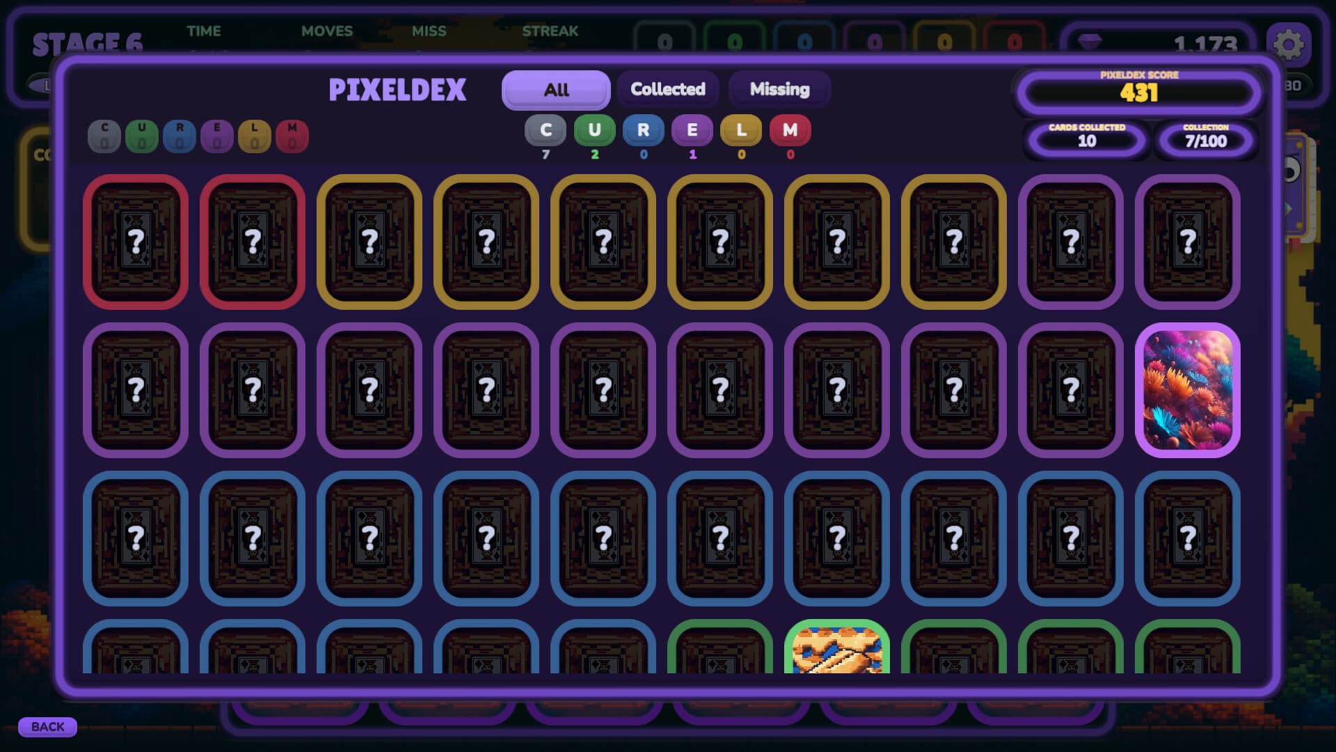 The Pixeldex collection screen in Pixel Flip, a grid of card slots colour-coded by rarity with most still undiscovered and a few revealed