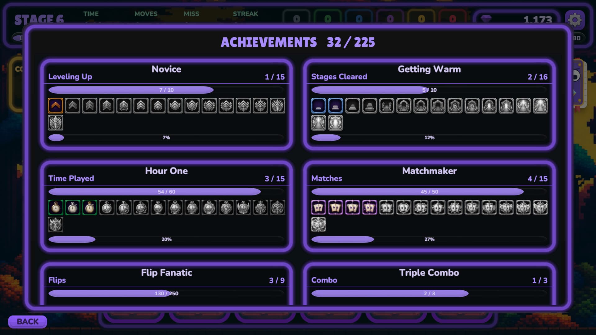 The Pixel Flip achievements screen, showing progress bars across categories like stages cleared, time played, matches and combos