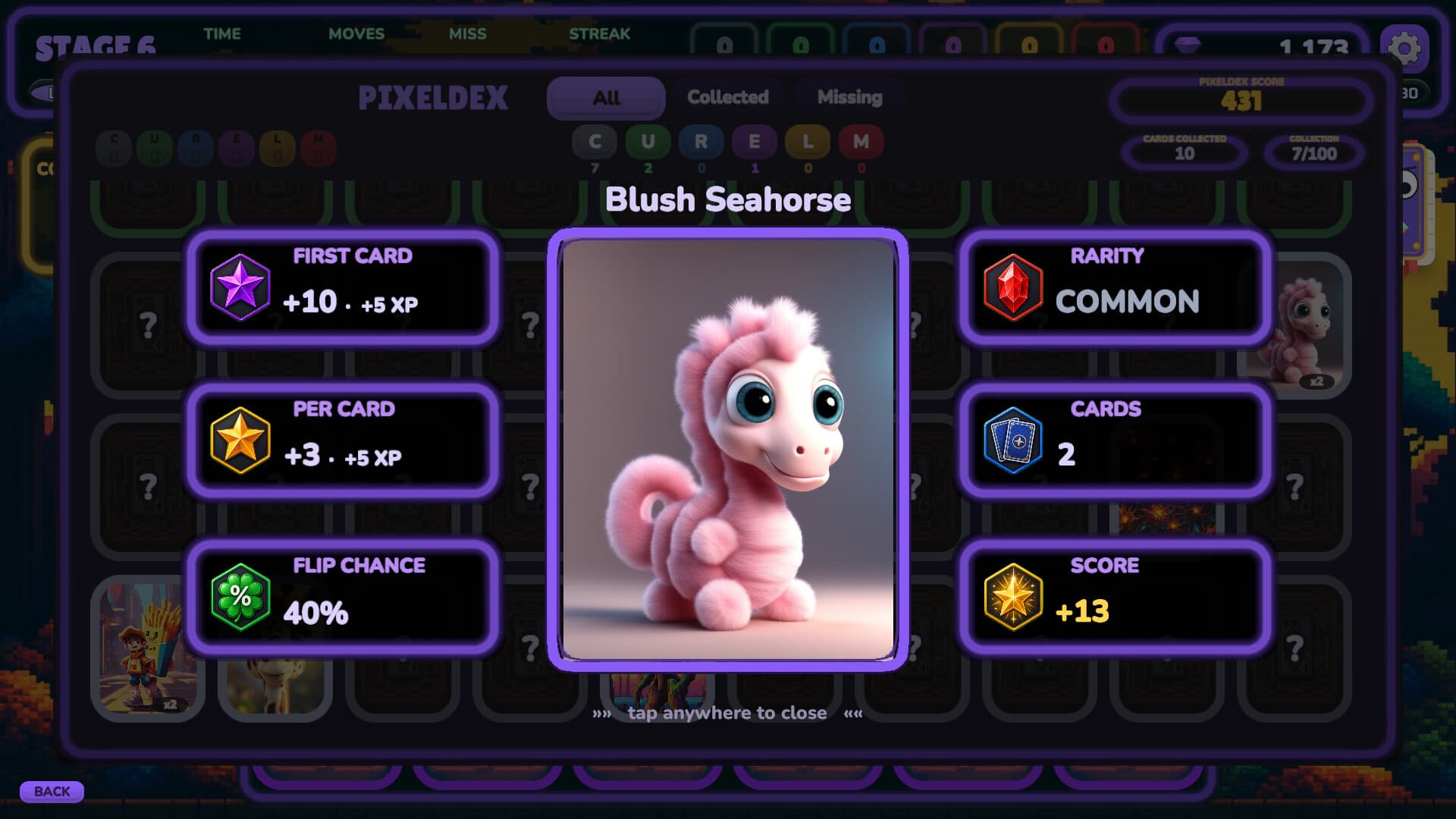 A Pixeldex card detail in Pixel Flip — the common "Blush Seahorse" card with its score, XP and flip chance values