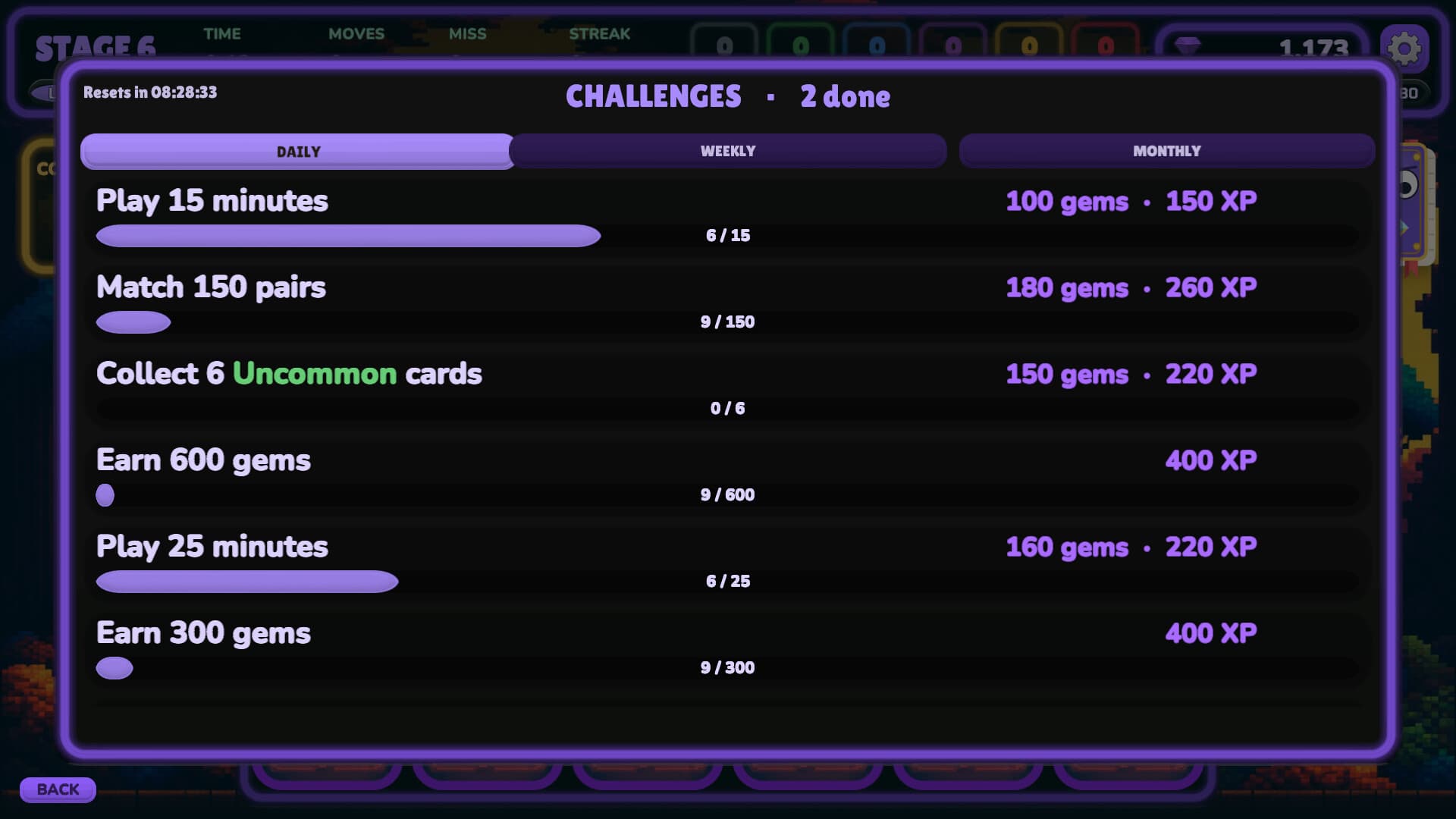 Daily challenges in Pixel Flip, listing play-time, matching and collection goals with their gem and XP rewards