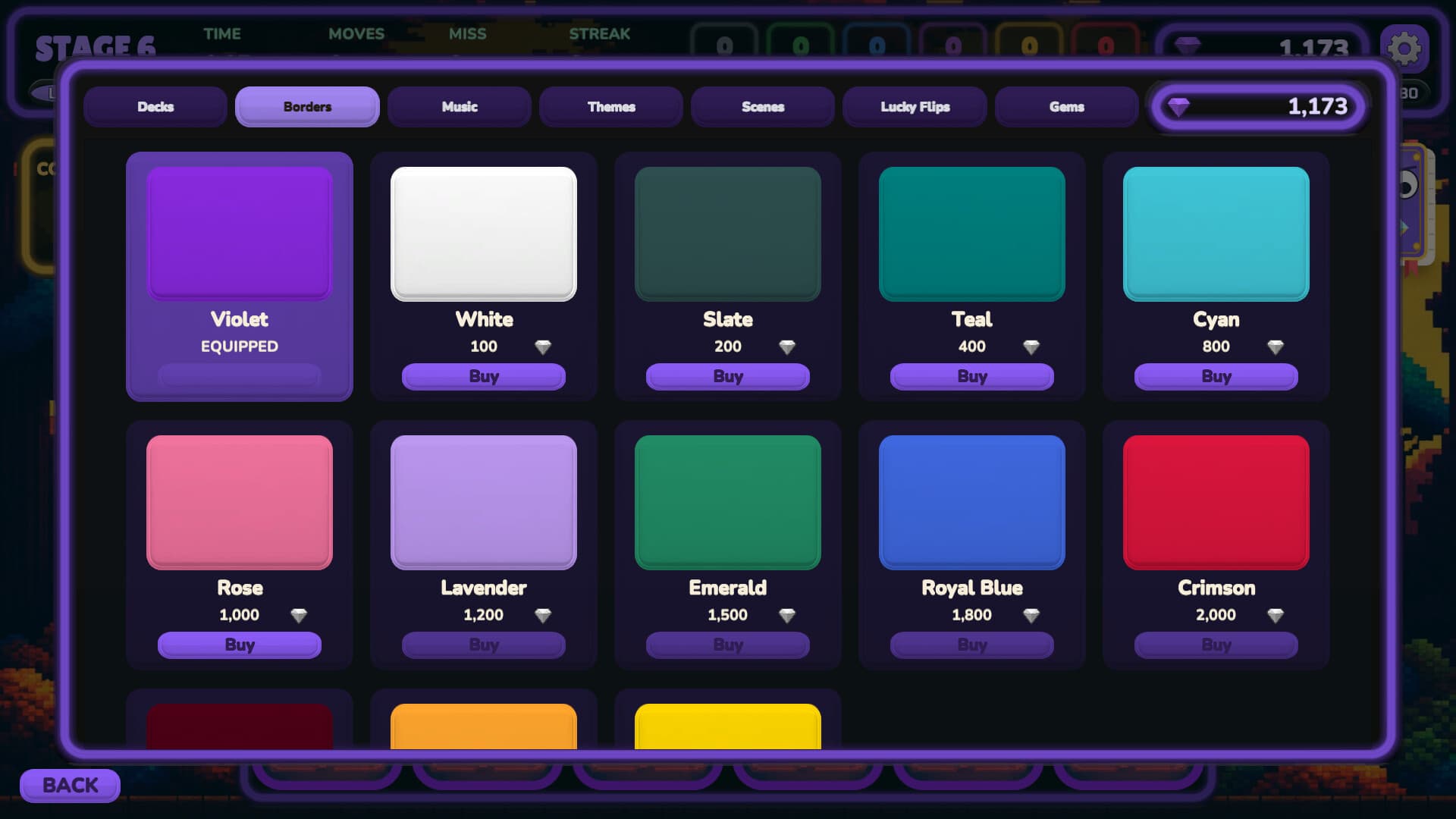 The Borders tab of the Pixel Flip shop, listing border colours priced in gems, such as White at 100 and Crimson at 2,000, with Violet equipped