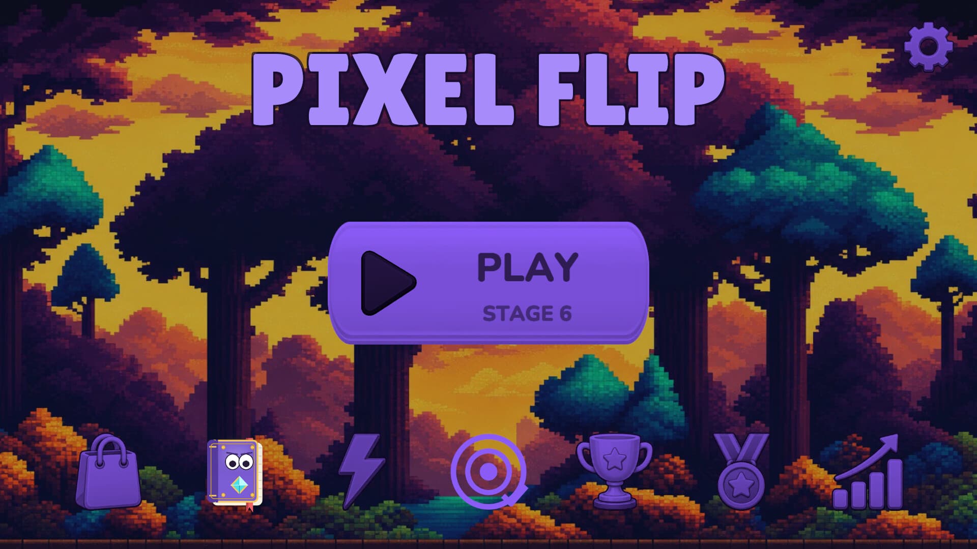 The Pixel Flip title screen — the game logo over a pixel-art forest at sunset, with a play button and menu icons