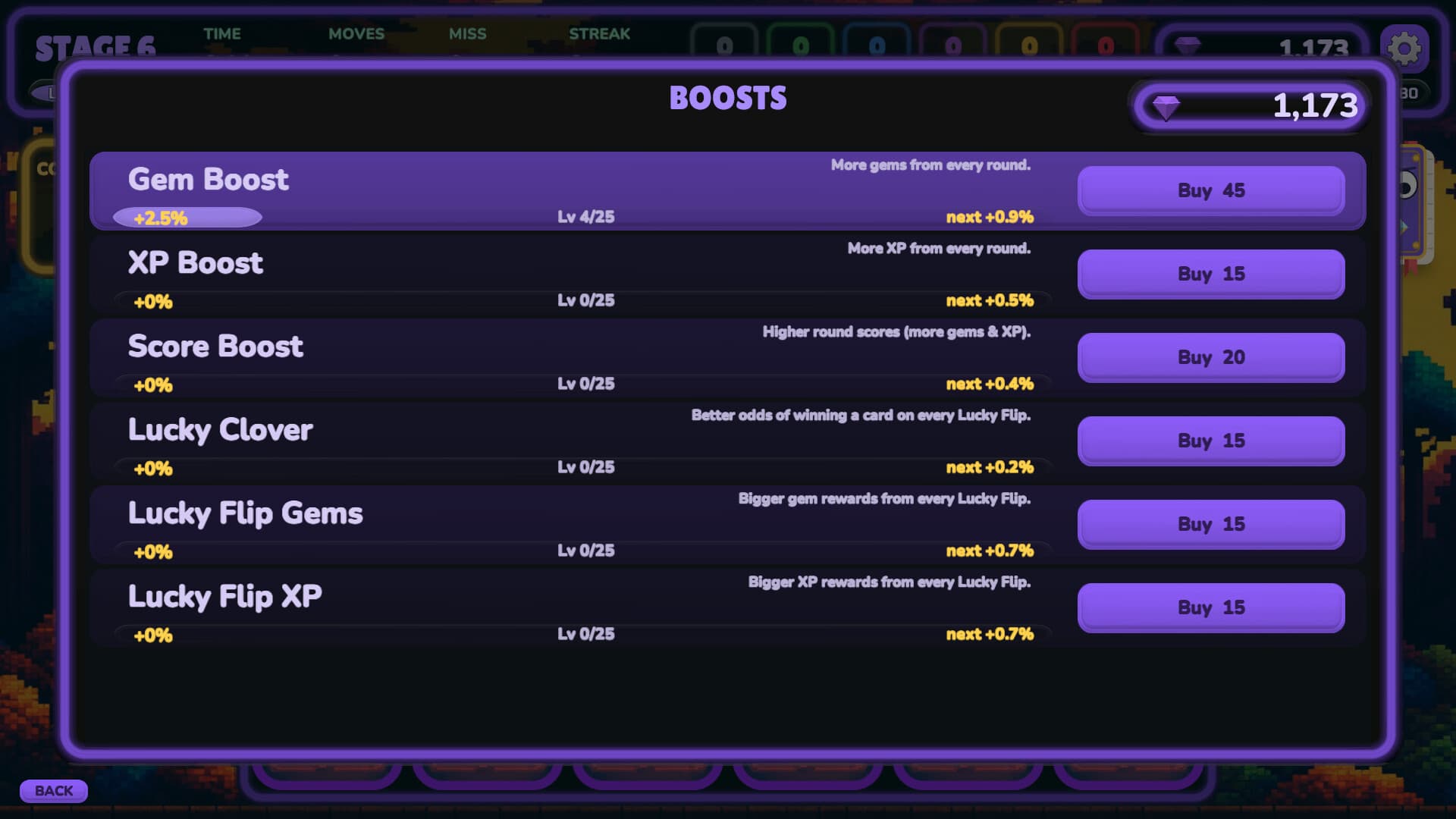 The boosts screen in Pixel Flip, offering gem, XP, score and Lucky Flip upgrades that can be levelled up