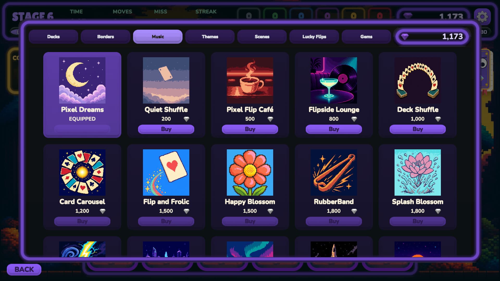 The Music tab of the Pixel Flip shop, listing tracks with cover art and gem prices, such as Quiet Shuffle and Flipside Lounge, with Pixel Dreams equipped