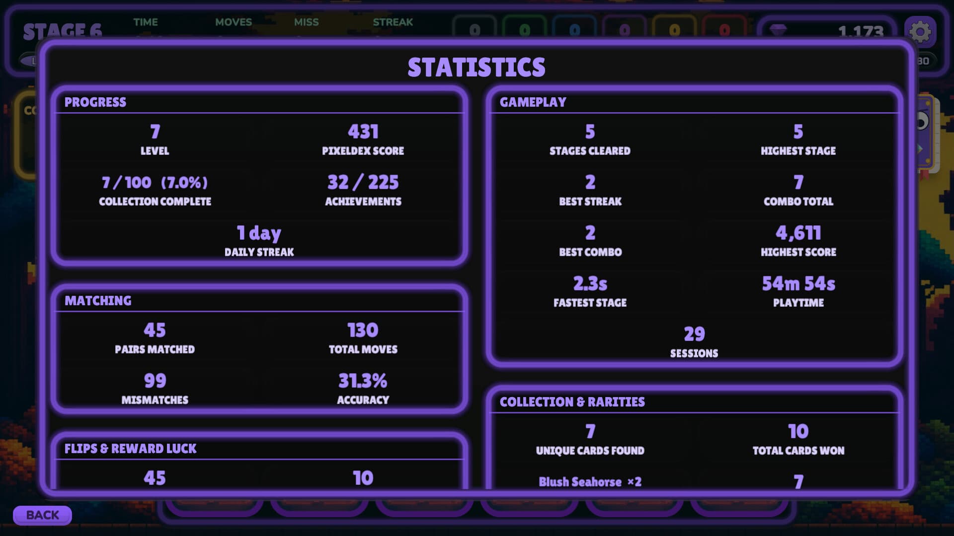 The Pixel Flip statistics screen — level, Pixeldex score, collection completion, matching accuracy, stages cleared and playtime totals